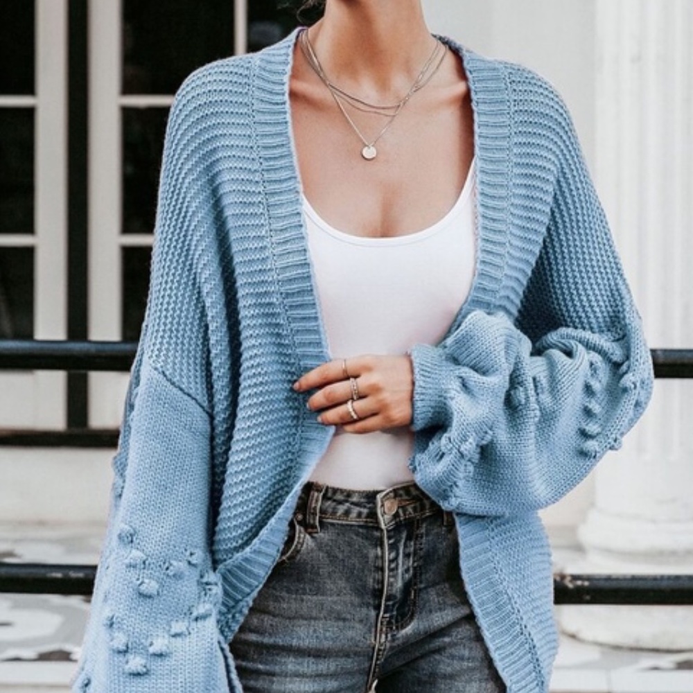 040 Cozy Blue Heart Pom Open Front Cardigan - Picture 6 of 7